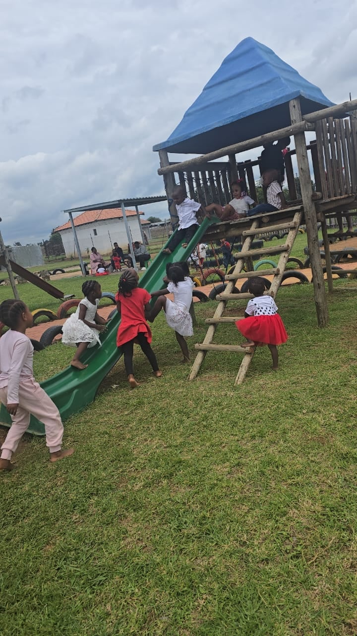 Children playing on a wooden playground structure with a green slide in a grassy field under a blue canopy roof