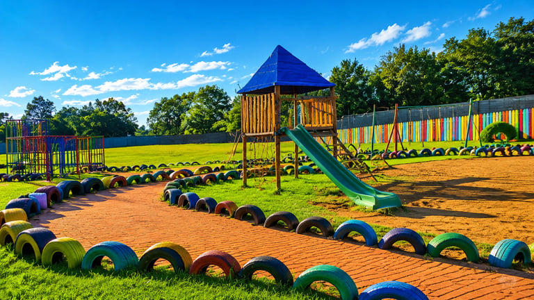 Colorful outdoor playground with blue roof tower, green slide, and painted tires arranged in a path on orange mulch under blue sky