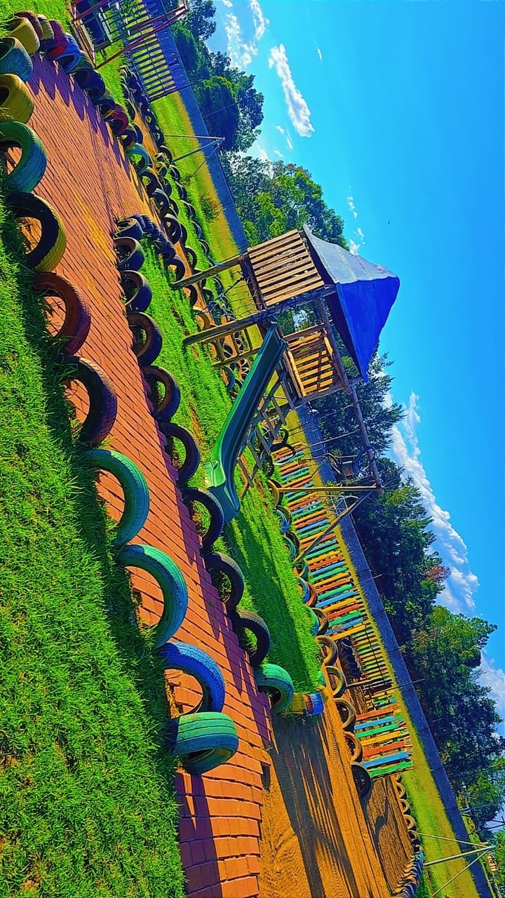 Colorful wooden adventure playground with tire swings and climbing equipment surrounded by green grass and trees under blue sky