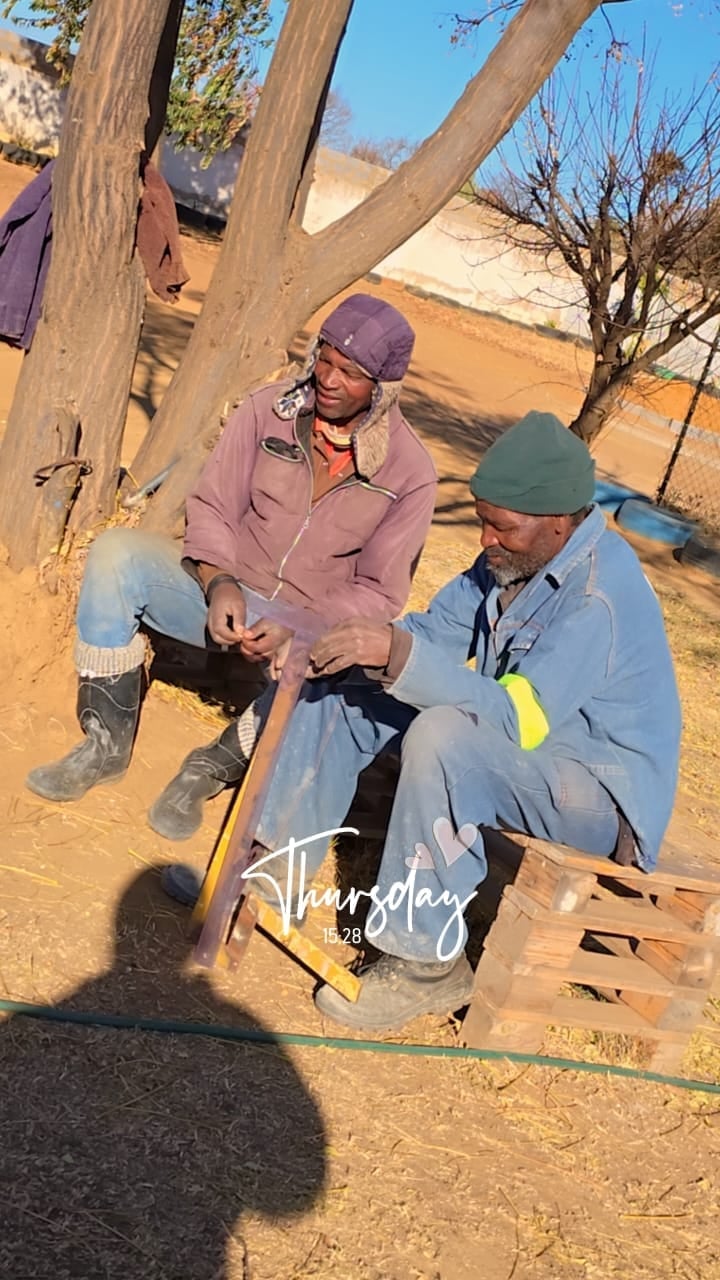Two people crouching under a large tree on sandy ground, wearing winter hats and jackets on a sunny day